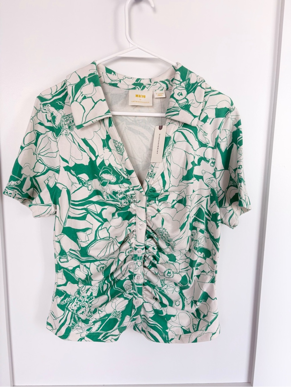 NWT Anthropologie Maeve Green Floral Ruched Front Button Polo Top - XL